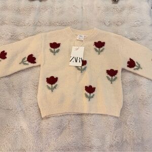 Zara Beige Sweater with Burgundy Floral Pattern